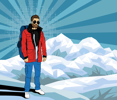 Bearded hipster man on the top of rock, Pop art vectorのイラスト素材