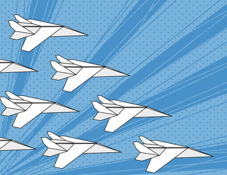 Concept of team work, the right direction, business strategy. White paper airplanes in blue sky flyingin in one direction. Pop art style. Vector illustrationのイラスト素材