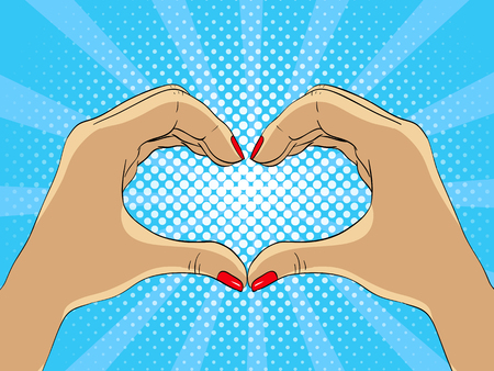 Hands making hart form - vector illustration in pop art styleのイラスト素材