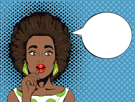 Pop art surprised african woman with open mouth and speech bubble.のイラスト素材