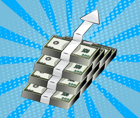 Rising arrow showing financial growth, symbol of wealth, business development and accumulation of money. Pop art styleのイラスト素材