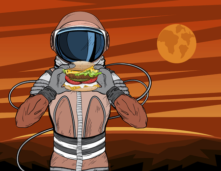 Astronaut with fast food hamburger in pop art style. Cosmonaut on Mars planet surface eating cheeseburgerのイラスト素材