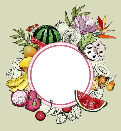 Hand drawn summer background with fruitのイラスト素材