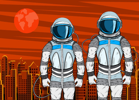 Cosmonaut on Mars planet surface in pop art style.のイラスト素材