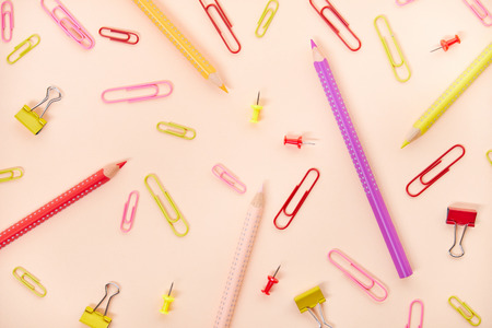 Colored pencils. School supplies, stationery backgroundの写真素材
