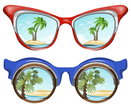 Sunglasses reflecting tropical landscape and palm on sandy islandのイラスト素材
