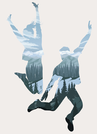 Double exposure, happy jumping people silhouettesのイラスト素材
