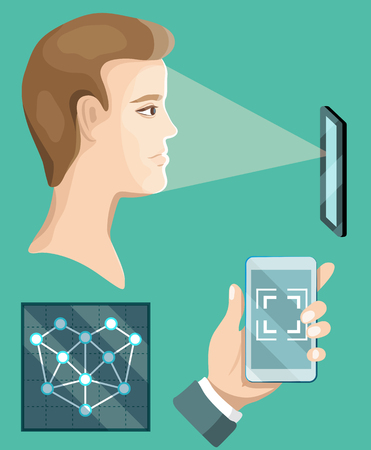 Facial recognition system, Biometric identification, wireframe conceptのイラスト素材