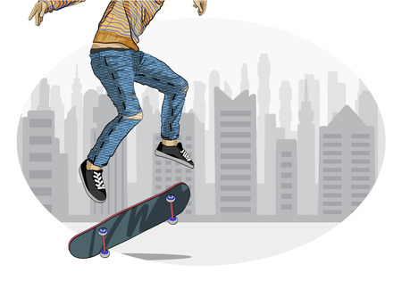 Skateboarder performing trick against Urban background. Vector illustrationのイラスト素材