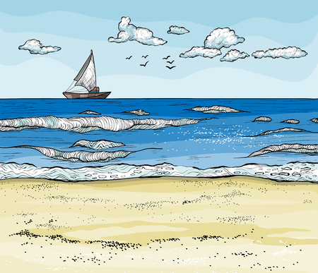 Seascape with sailboat on horizont and sand beach. Vector illustrationのイラスト素材