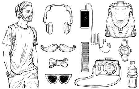 Sketch of hipster man and Men's Accessories set. Vector illustrationのイラスト素材