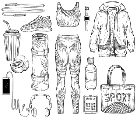 Sketch of sportswear, sport gadgets and healthy food. Vector illustration. Black and whiteのイラスト素材