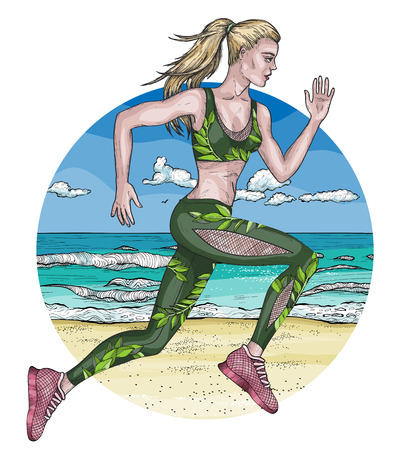 Sketch of blonde woman running on the beach. Vector illustrationのイラスト素材