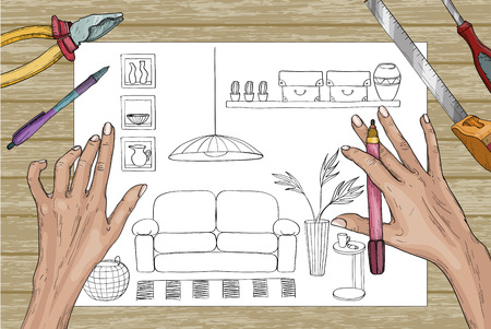 Designer working with room interior refurbishments. Building tools on wooden background. Vector illustrationのイラスト素材