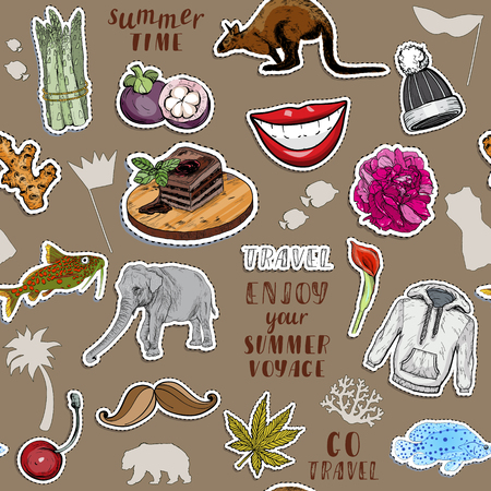 Seamless patter with colorful stickers set. Exotic animals, tasty food and summer travel concept. Vector illustrationのイラスト素材
