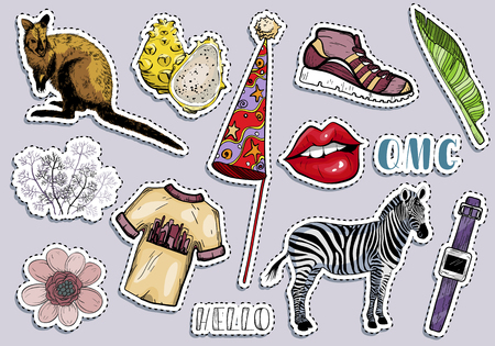 Fashion summer travel colorful items sticker set. Vector illustrationのイラスト素材