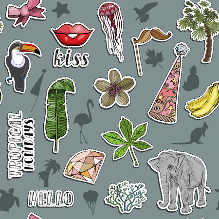 Seamless pattern with Colorful exotic stickers. Various tropical objects. Vector illustrationのイラスト素材