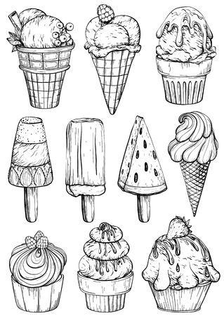 Black and white set of ice cream. Vector illustrationのイラスト素材