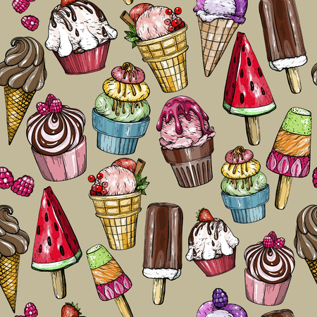 Seamless pattern with yummy, colorful ice cream. Vector illustrationのイラスト素材