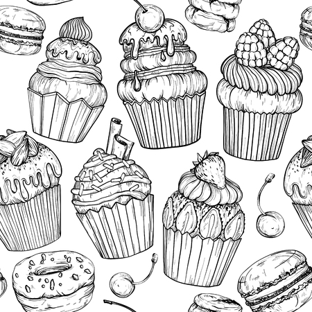 Seamless pattern with Cakes and cupcakes baked chocolate dessert, bakery set, black and white, vector illustrationのイラスト素材