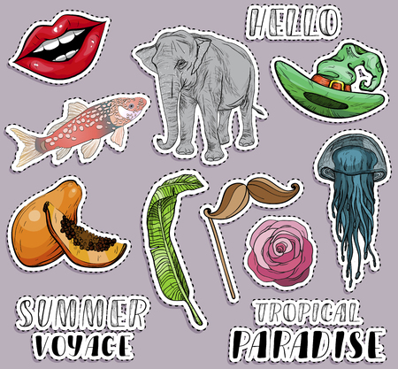 Colorful exotic summer stickers set. Voyage and travel concept. Vector illustrationのイラスト素材