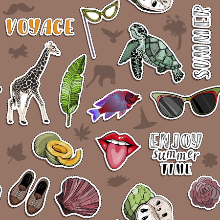 Seamless pattern with various exotic objects. Summer voyage and paradise travel concept. Vector illustrationのイラスト素材