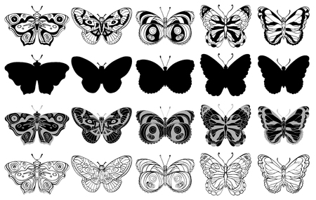 Set of various butterflies forms, silhouettes, ornate icons. Black and white. Vector illustrationのイラスト素材