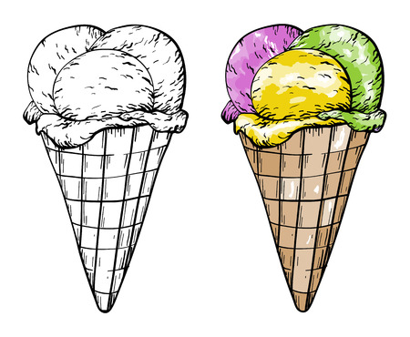 Ice cream set, two style black and white and colored, vector illustrationのイラスト素材