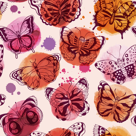 Beautiful Seamless pattern of watercolor spots and various butterflies. Vector illustrationのイラスト素材