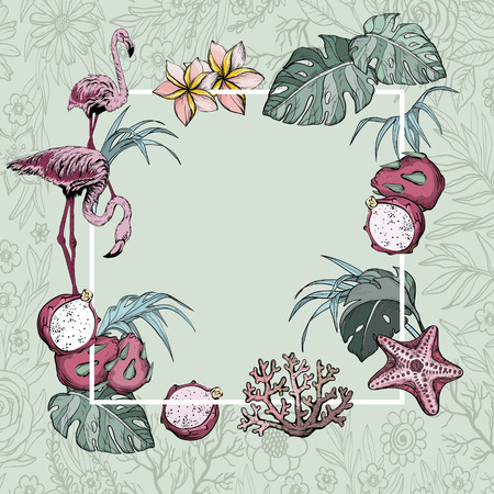 Tropical Flowers, Exotic fruits and Flamingo birds Summer Banner Background, Exotic Floral Invitation, Flyer or Card.のイラスト素材