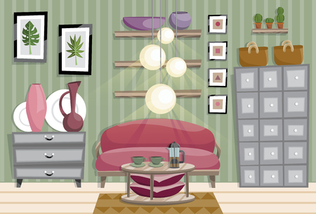 Flat style illustration of living room interior. Vector illustration.のイラスト素材