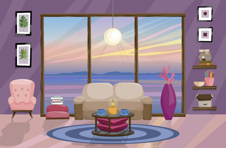 Flat interior design, landscape with beautiful sunset outside the window. Living room designのイラスト素材