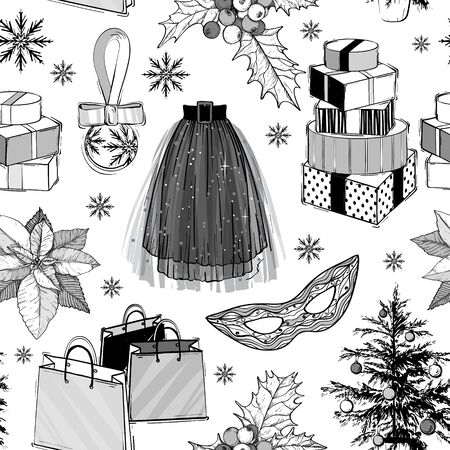 Christmas and new year fashion vector seamless pattern. Holidays illustration with gift boxes and Christmas tree plant, mask, shopping bags and party skirt. Black and white. Sketch style.のイラスト素材