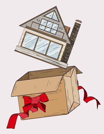 Vector Hand drawn house in present box with red ribbon bow. Real estate, home and surprise concept.のイラスト素材