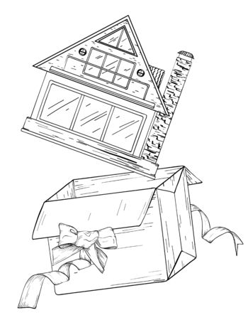 Hand drawn house in present box with red ribbon bow. Real estate, home and surprise concept. Black and whiteのイラスト素材