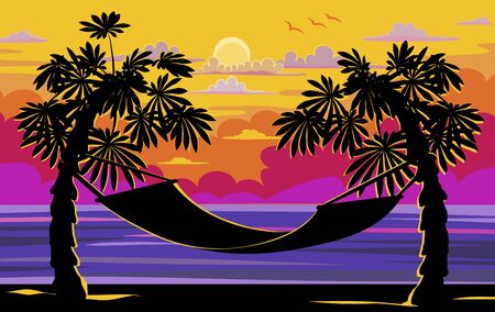 Beautiful Sunset, Sunrise with Palm Trees and hammock, relaxing concept, vector illustrationのイラスト素材