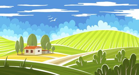 Summer beautiful landscape with farmhouse. Vector illustration.のイラスト素材