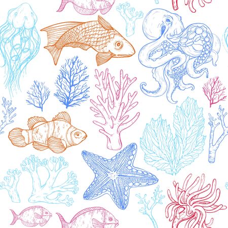 Seamless pattern with sketch of deepwater living organisms, fish, corals and octopusのイラスト素材