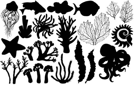 Silhouettes of deepwater living organisms, fish and algae, vector illustration.のイラスト素材