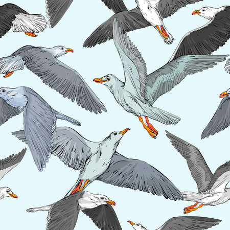 Seamless background with hand drawn seagulls against blue skyのイラスト素材