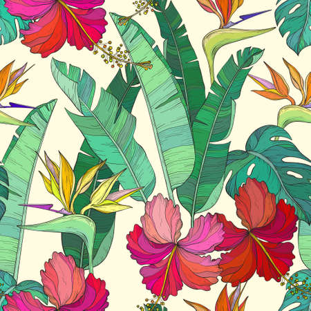 Seamless pattern with Tropical palm leaves and hibiscus, bird of paradise flowers, jungle plants.のイラスト素材