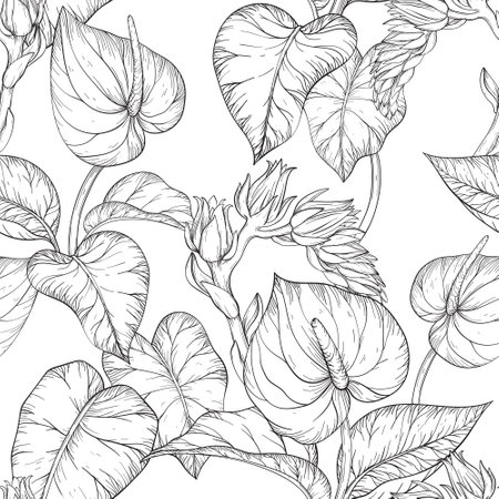 Seamless pattern with Tropical palm leaves and flowers, Black and white .のイラスト素材