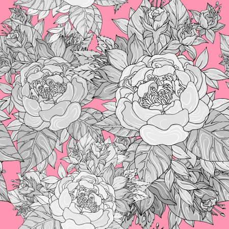 Seamless pattern with various flowers and peonies, summer monochrome flowers on a pink backgroundのイラスト素材
