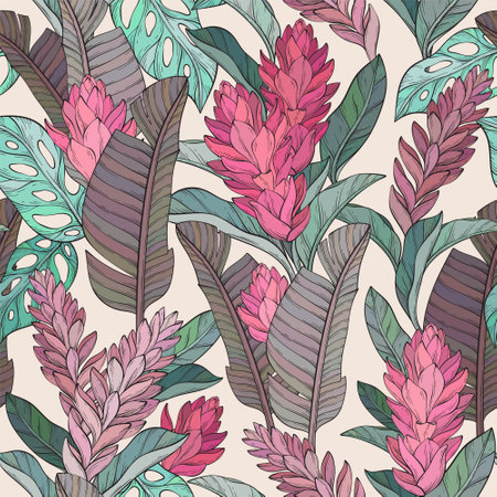 pattern with ginger flower and tropical plantsのイラスト素材