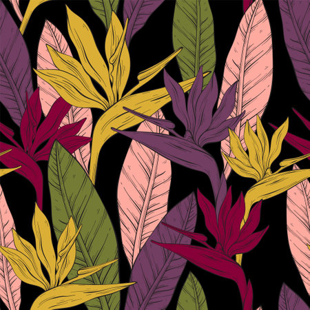 bird of paradise flowers and leaves patternのイラスト素材