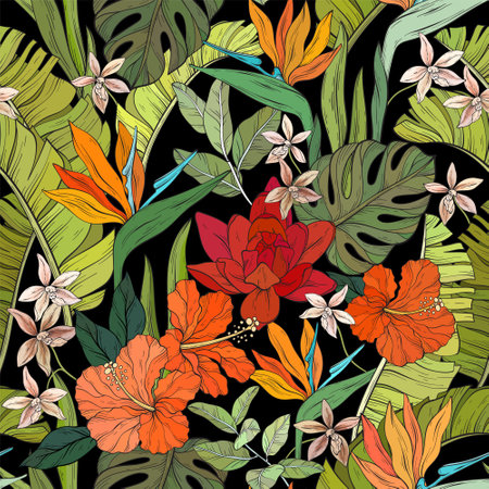 tropical pattern with various flowersのイラスト素材