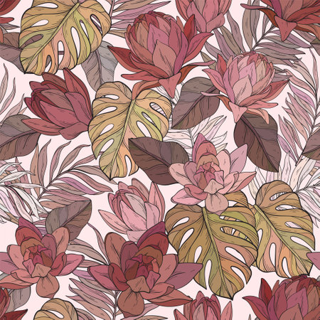 Blossom floral seamless pattern. Lily flowers with monstera and palm leaves scattered randomly. Vector texture. Hand drawn flowersのイラスト素材