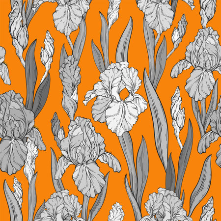 Seamless monochrome pattern with iris flowers and leaves, orange background. Spring floral botanical print. Vector illustration.のイラスト素材