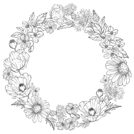 Line art floral circular wreath composed of poppies, daisies, cornflowersのイラスト素材