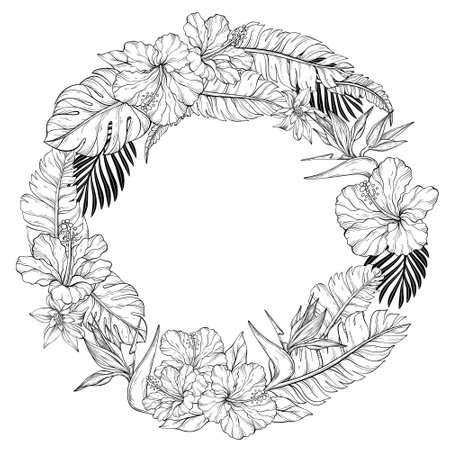 A Line art circular wreath composed of hibiscus flowers, bird of paradise flowersのイラスト素材